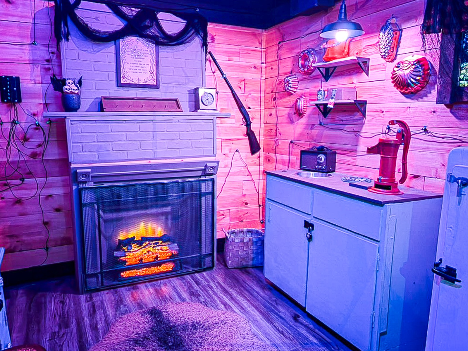The Witch's Cabin fireplace and magical room detail
