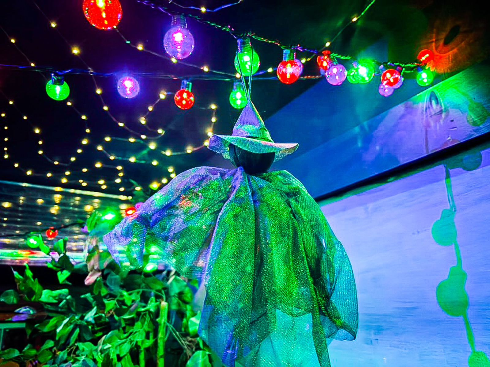 The Witch's Cabin witch decoration and colorful lights